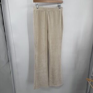 Allie Rose Pants Womens M Beige Ribbed Velour Flare Long Stretch Lounge Comfort